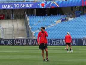 Canadian captain Christine Sinclair walks on the field at Stade de la Mosson in Montpellier on Sunday. Canada play Cameroon on Monday in its opening game of the 2019 FIFA Women's World Cup.