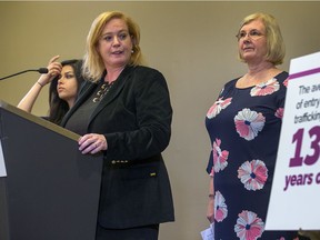 Cynthia Bland, (R) founder and CEO of Voice Found, was on hand as Lisa Macleod, Ontario Minister of Children, Community and Social Services, announced an investment of $271,000 in Voice Found, an Ottawa-based organization that supports survivors of sex trafficking. Goldie Ghamari MPP, Carleton, (left) was also on hand.