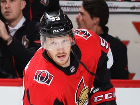 In his first career NHL game Jack Rodewald #53 of the Ottawa Senators skates during warmups prior to a game against the Montreal Canadiens at Canadian Tire Centre on October 30, 2017 in Ottawa, Ontario, Canada.