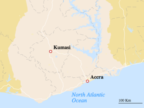 A map showing the city of Kumasi and Accra.