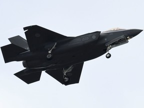This file photo taken on October 14, 2018 shows an F-35 fighter aircraft of the Japan Air Self-Defence Force taking part in a military review at the Ground Self-Defence Force's Asaka training ground in Asaka, Saitama prefecture.