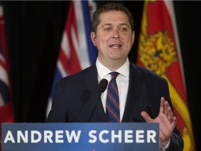 Conservative Leader Andrew Scheer delivers a speech in Edmonton on June 4.