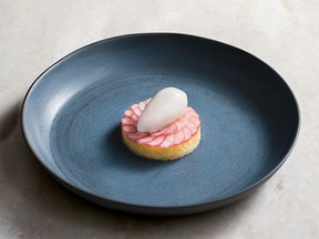 Baked Sagamité Custard, Poached Rhubarb and Yogurt Sorbet from Wildness.
