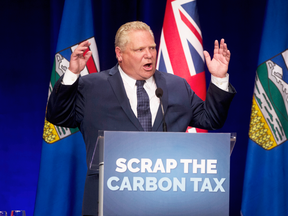 Ontario Premier Doug Ford speaks at an anti-carbon tax rally in Calgary on Oct. 5, 2018. File photo