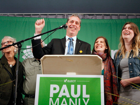 Green Party's Paul Manly celebrates with his family after results come in for the Nanaimo-Ladysmith byelection on May 6, 2019.