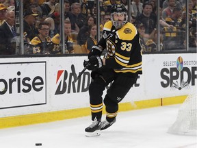 Boston Bruins defenceman Zdeno Chara skates with the puck against the St. Louis Blues during the second period in Game 5.