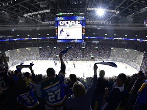 Blues fans cheer after a goal by Ryan O'Reilly in the first period of Game 4 on Monday night.