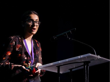 The winner(s) for Senior Critic: Zaina Khan, Elmwood School, accept(s) their award, during the annual Cappies Gala awards, held at the National Arts Centre, on June 09, 2019, in Ottawa, Ont.