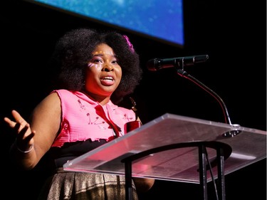 The winner for Featured Female Actor In a Musical: Theodora Etokimo, Holy Trinity Catholic High School, Godspell, accepts their award, during the annual Cappies Gala awards, held at the National Arts Centre, on June 09, 2019, in Ottawa, Ont.
