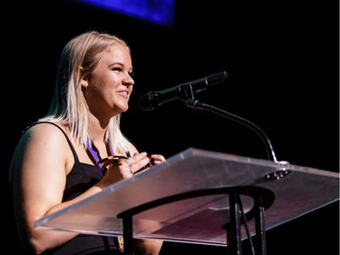 The winner for Choreography: Gen Belisle, Merivale High School, Newsies, accepts their award, during the annual Cappies Gala awards, held at the National Arts Centre, on June 09, 2019, in Ottawa, Ont.