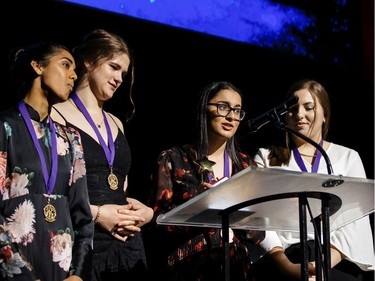 The winners for Marketing and Publicity: Elmwood Theatre Marketing & Publicity Team (L-R), Jagnoor Saran, Abigail Butler, Zaina Khan, and Stephanie Townsend, Elmwood School, The Light Burns Blue, accept their award, during the annual Cappies Gala awards, held at the National Arts Centre, on June 09, 2019, in Ottawa, Ont.