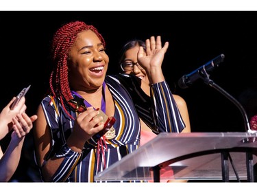 The winners for Creativity: Vanessa Onukagha, A.Y. Jackson Secondary School, Months on End, accept their award, during the annual Cappies Gala awards, held at the National Arts Centre, on June 09, 2019, in Ottawa, Ont.