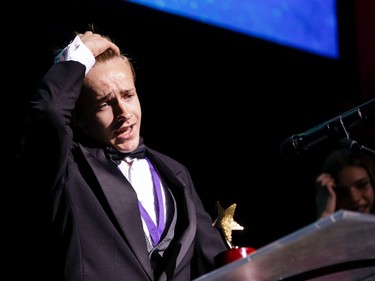 The winner for Comic Male Actor in a Play: Bryce Batten, St. Francis Xavier High School, The Wizard of Oz, accepts their award, during the annual Cappies Gala awards, held at the National Arts Centre, on June 09, 2019, in Ottawa, Ont.
