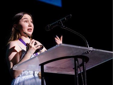 The winner for Comic Female Actor in a Musical: Allison Anderson, St. Patrick's High School, Disney's Beauty and the Beast, accepts their award, during the annual Cappies Gala awards, held at the National Arts Centre, on June 09, 2019, in Ottawa, Ont.