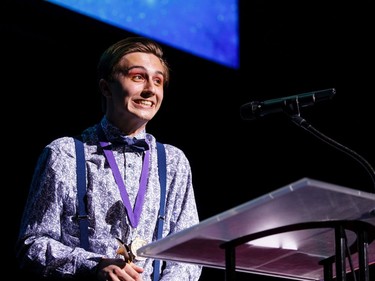 The winner for Male Vocalist: Liam Greig, Philemon Wright High School, Rent, accepts his award, during the annual Cappies Gala awards, held at the National Arts Centre, on June 09, 2019, in Ottawa, Ont.