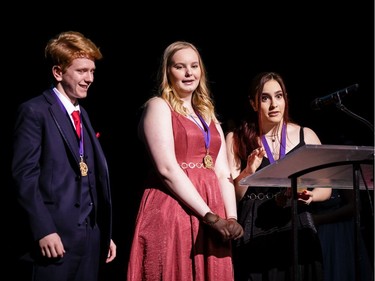 The winners for Props (L-R): Thomas Aubin, Nicole Bennett, Allison Cook, Immaculata High School, Little Shop of Horrors Horrors, accept their award, during the annual Cappies Gala awards, held at the National Arts Centre, on June 09, 2019, in Ottawa, Ont.