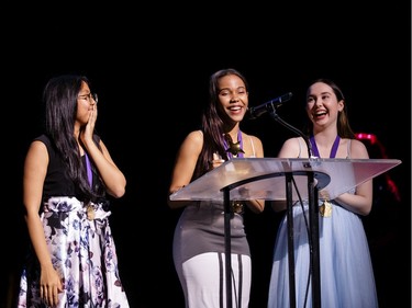 The winners for Costumes (L-R): Marianne Alcantara, Yla De La Vega, and Claire Vilsaint, St. Patrick's High, accept their award, during the annual Cappies Gala awards, held at the National Arts Centre, on June 09, 2019, in Ottawa, Ont.