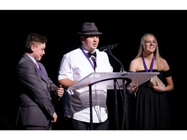 The winners for Sound in a Play (L-R): Nick Brousseau, Kaleb Madore, and Mackenzie Hayley, St. Joseph High School, Murder's in the Heir, accept their award, during the annual Cappies Gala awards, held at the National Arts Centre, on June 09, 2019, in Ottawa, Ont.