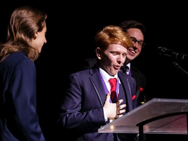 The winners for Lighting (L-R): Alex Lutkicwicz, Thomas Aubin, Zachary Fagnou, Immaculata High School, Little Shop of Horrors, accept their award, during the annual Cappies Gala awards, held at the National Arts Centre, on June 09, 2019, in Ottawa, Ont.