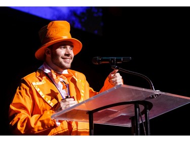 The winner for Supporting Male Actor in a Musical: Jordan Mason, Sir Wilfrid Laurier Secondary School, Seussical The Musical, accepts his  award, during the annual Cappies Gala awards, held at the National Arts Centre, on June 09, 2019, in Ottawa, Ont.