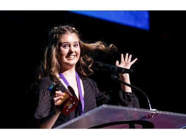The winner for Lead Female Actor in a Play: Alex Byrne, Elmwood School, The Light Burns Blue, accepts her award, during the annual Cappies Gala awards, held at the National Arts Centre, on June 09, 2019, in Ottawa, Ont.