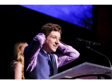 The winner for Lead Male Actor in a Play: Perry Santry, Almonte and District High School, The Curious Incident of the Dog in the Night-Time, accepts his award, during the annual Cappies Gala awards, held at the National Arts Centre, on June 09, 2019, in Ottawa, Ont.