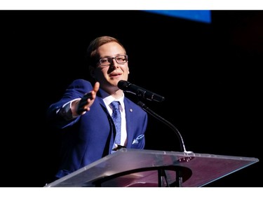 The winner for Lead Male Actor in a Musical: Matteo Tempo, Holy Trinity Catholic High School, Godspell, accepts the award, during the annual Cappies Gala awards, held at the National Arts Centre, on June 09, 2019, in Ottawa, Ont.