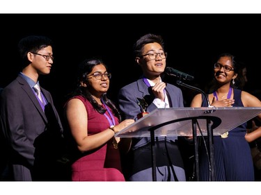 The winner for Orchestra (L-R): The Cell Block Orchestra, Jonah Nung, Oishee Ghosh, Garnet Zhao, Colonel By Secondary School, Chicago (High School Edition), accept the award, during the annual Cappies Gala awards, held at the National Arts Centre, on June 09, 2019, in Ottawa, Ont.