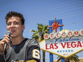 "Jeopardy!" sensation James Holzhauer speaks on May 2, 2019 after being presented with a key to the Las Vegas Strip in front of the Welcome to Fabulous Las Vegas sign in Las Vegas.