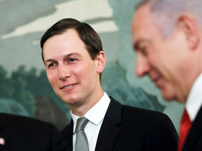White House senior advisor Jared Kushner with Israel's Prime Minister Benjamin Netanyahu at the White House in Washington, March 25, 2019.