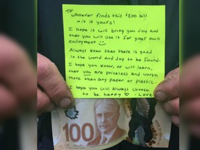 A Nova Scotia community has been warmed by an anonymous gesture from a stranger who placed $100 bill and a message of positivity in a town park.
