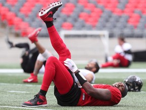 Ottawa RedBlacks QB Dominique Davis stretches it out during practice at TD Place in Ottawa on Tuesday, June, 18 2019.  Tony Caldwell