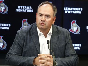 Ottawa Senators general manager Pierre Dorion talking to the media in Ottawa Monday June 17, 2019. Pierre takes to the media before his departure for the NHL Draft.