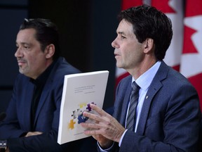 Dr. Eric Hoskins, Chair of the Advisory Council on the Implementation of National Pharmacare, is accompanied by Vincent Dumez, Member of the Advisory Council on the Implementation of National Pharmacare, during a press conference at the National Press Theatre in Ottawa on Wednesday, June 12, 2019.