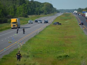 Investigators were on the scene of an early-morning crash on Highway 401 just west of the Blue Church Road overpass in Augusta Township in June.