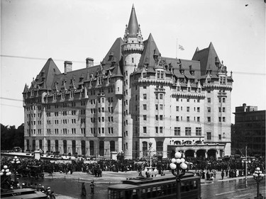 The official opening ceremony of the Chateau Laurier Hotel on June 1, 1912 in a photograph taken from the Russell House Hotel on the site of present-day Confederation Square.  ,
