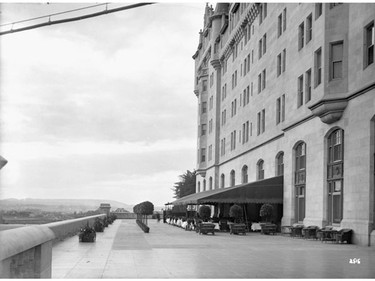 Terrace of the Chateau Laurier Hotel shortly after the hotel's opening in 1912. The Terrace was located on the hotel's west side, above the Rideau Canal locks.  Credit: William James Topley,