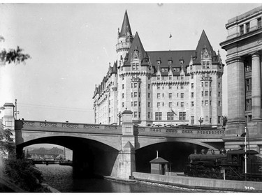 Chateau Laurier Hotel and the Grand Trunk Railway Central Station in a photograph taken from the old Bates Warehouses near where the National Arts Centre is located today.