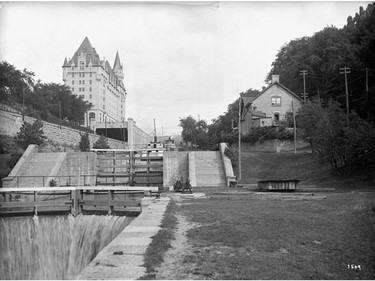 Chateau Laurier Hotel photographed from Rideau Canal locks below and behind the hotel shortly after the official opening of the hotel in 1912.