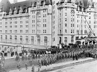 Troops massing in front of Chateau Laurier Hotel, Ottawa, during the Second World War.