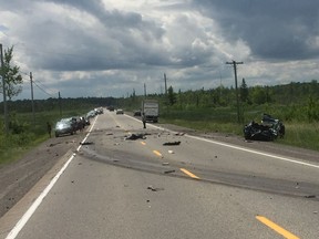 A motor home from Florida and a car, at right, crashed on Highway 15 near Smiths Falls on Saturday, July 6, 2019. One person in the car is dead.