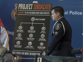 Detective Sergent Carl Mattinen of York Region's Organized Crime and Intelligence Services wlaks past an images of those arrested prior to speaking to members of the media at York Regional Police Headquarters in Aurora where police talked about recent arrests of members of the Ndrangheta crime family which saw high end cars, homes, money, watches among other items seized, Thursday July 18, 2019