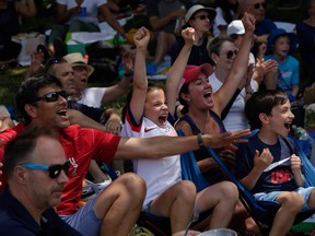 NEW YORK, NY - JULY 07: People react as US team scores a goal during a Women's World Cup final viewing party in Riverside Park on July 7, 2019 in New York City.