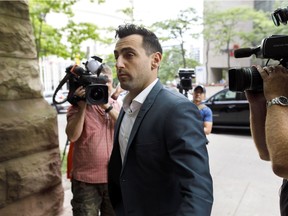 Singer Jacob Hoggard arrives at a Toronto courthouse  for the second day of his preliminary hearing to determine if his sexual assault case goes to trial, on July 12, 2019 in Toronto, Canada. Hoggard, frontman of the band Hedley, has pleaded not guilty on charges of sexual interference and sexual assault causing bodily harm.