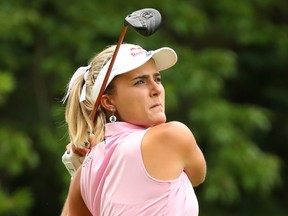 Lexi Thompson watches her drive on the second hole during round two of the Dow Great Lakes Bay Invitational at Midland Country Club on July 18, 2019 in Midland, Michigan.