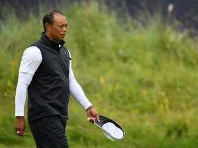 Tiger Woods of the United States reacts on the 18th during the second round of the 148th Open Championship held on the Dunluce Links at Royal Portrush Golf Club on July 19, 2019 in Portrush, United Kingdom.
