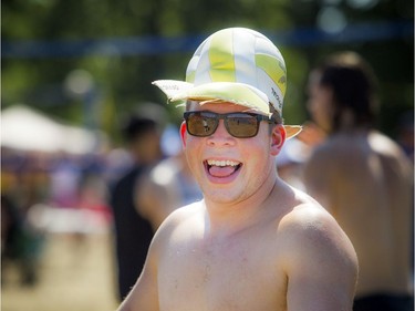 HOPE Volleyball SummerFest took place Saturday, July 13, 2019, at Mooney's Bay Beach. Jacob Latham of the Salty Sets had a very suiting way to keep the sun off his face, a volleyball hat.