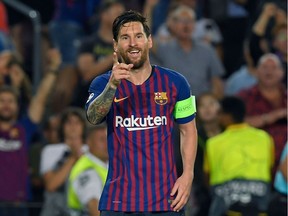 Barcelona's Argentinian forward Lionel Messi celebrates after scoring.