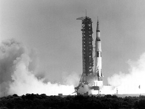 Apollo 11 launches from Florida on July 16, 2019, taking commander Neil Armstrong, lunar module pilot Buzz Aldrin and command module pilot Michael Collins on a mission to become the first humans to land on another celestial body.