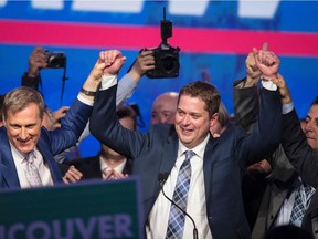 Andrew Scheer (Centre): His one test of mettle was narrowly seeing off Max Bernier (left) in the 13th round of the 2017 Conservative leadership contest.